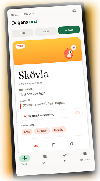 Skärmdump av startskärmen Idag i Glosa, med dagens ord