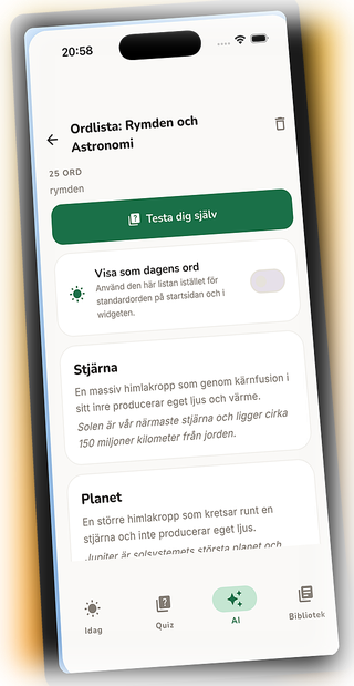 Skärmdump av en AI-genererad ordlista i Glosa
